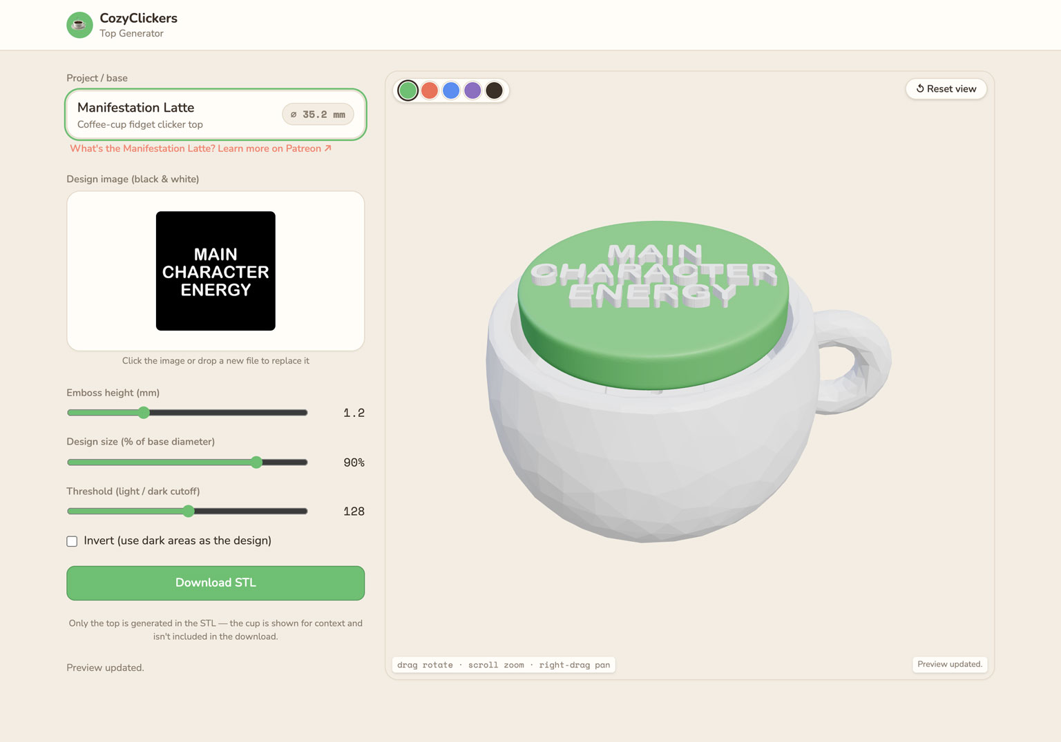 Cozy Top Generator app — design and emboss a custom 3D printed fidget top in the browser