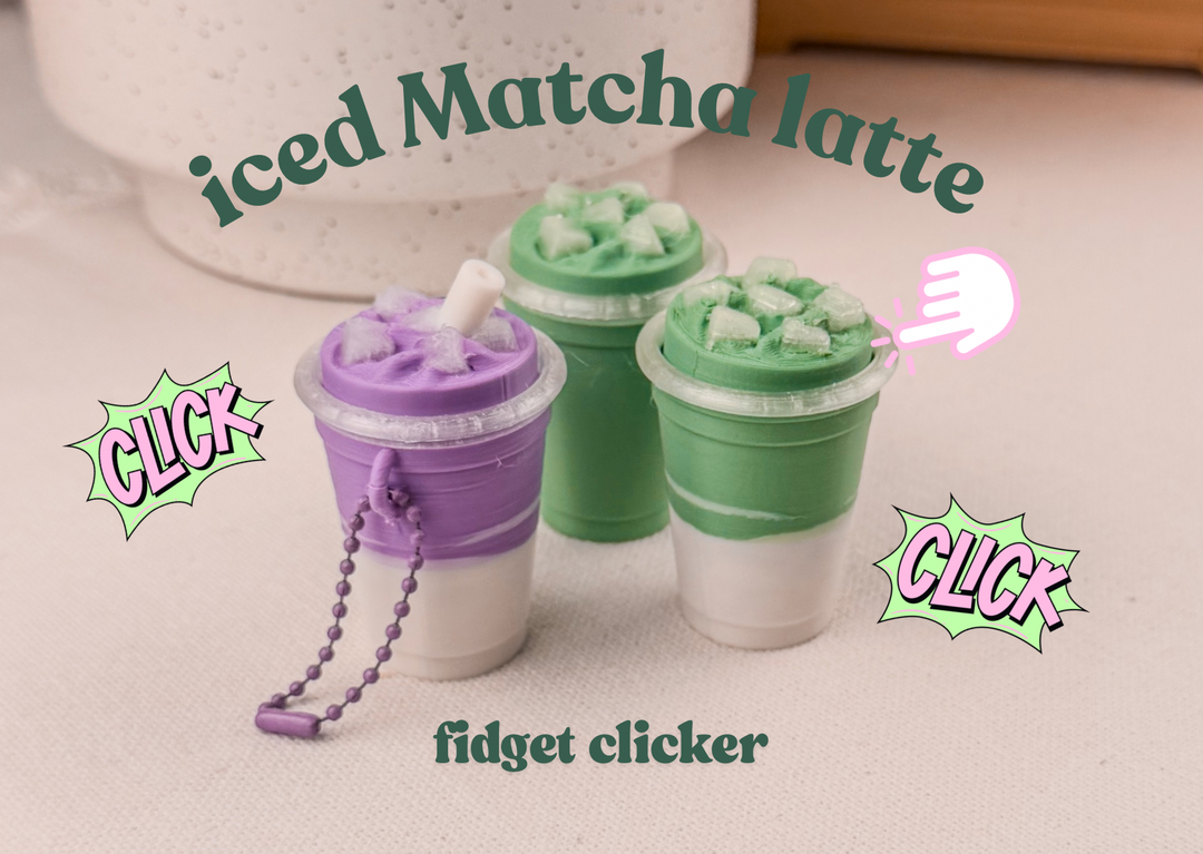 Iced matcha latte fidget clicker with keychain attachment — 3D printed by Cozy Clickers